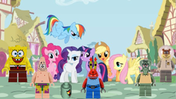 Size: 955x538 | Tagged: safe, artist:smbros, edit, imported from derpibooru, applejack, fluttershy, pinkie pie, rainbow dash, rarity, twilight sparkle, earth pony, pegasus, pony, unicorn, crossover, friendship, group, group photo, lego, lego figure, mane six, mr. krabs, opening theme, patrick star, photo, plankton, ponyville, realistic, sandy cheeks, spongebob squarepants, spongebob squarepants (character), squidward tentacles, toy, unicorn twilight