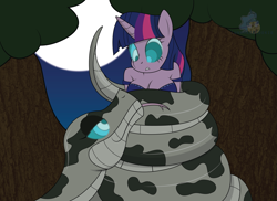 Size: 3095x2250 | Tagged: safe, artist:lunahazacookie, imported from derpibooru, twilight sparkle, anthro, snake, breasts, cleavage, coils, forest, full moon, hypno eyes, kaa eyes, moon, night, outdoors