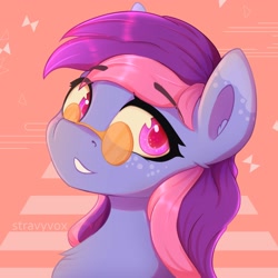 Size: 3000x3000 | Tagged: safe, artist:stravy_vox, imported from derpibooru, oc, oc only, oc:midnight bloom, pegasus, pony, abstract background, bust, chest fluff, female, freckles, glasses, mare, portrait, smiling, solo