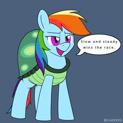 Size: 900x900 | Tagged: safe, artist:unitxxvii, imported from derpibooru, rainbow dash, pegasus, pony, tortoise, animal costume, clothes, costume, hare and tortoise, opposite day, out of character, speech bubble, tortoise shell