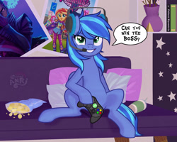 Size: 1280x1024 | Tagged: safe, artist:emperor-anri, imported from derpibooru, oc, oc only, earth pony, pony, equestria girls, chips, controller, couch, earth pony oc, food, grin, headset, hoof hold, lidded eyes, looking at you, poster, sitting, smiling, snacks, solo, speech bubble, talking, text, xbox