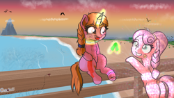 Size: 3072x1728 | Tagged: safe, artist:cosmonaut, imported from twibooru, oc, oc only, ant, bird, crystal pony, insect, pony, seagull, unicorn, art pack:foaling around, banned from derpibooru, beach, braid, canterlot, dock, duo, duo female, face paint, female, filly, food, glowstick, image, paywalled source, png, popsicle, signature, sunset, tail wrap, tickets, umbrella