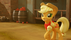 Size: 3840x2160 | Tagged: safe, artist:xppp1n, imported from ponybooru, applejack, earth pony, pony, 3d, apple, bandana, blender, blender cycles, female, food, grin, hat, looking at you, mare, smiling, smug, solo