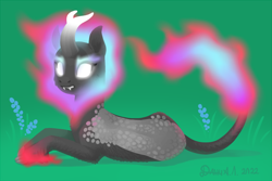 Size: 800x533 | Tagged: safe, artist:dany-the-hell-fox, imported from derpibooru, autumn blaze, kirin, nirik, flower, foal's breath, glow, glowing eyes, green background, lying down, simple background, solo