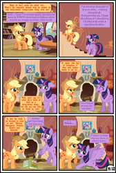Size: 3254x4838 | Tagged: safe, artist:gutovi, imported from derpibooru, applejack, twilight sparkle, alicorn, earth pony, pony, comic:why me!?, alternate ending, book, comic, female, fireplace, golden oaks library, hat, high res, lesbian, mare, shipping, show accurate, twijack, twilight sparkle (alicorn)