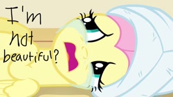 Size: 1334x750 | Tagged: safe, edit, edited screencap, imported from derpibooru, screencap, fluttershy, pegasus, pony, filli vanilli, crying, dialogue, female, lying down, mare, on back, open mouth, solo, towel on head