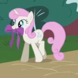 Size: 319x319 | Tagged: safe, imported from derpibooru, screencap, twinkleshine, pony, unicorn, swarm of the century, adorableshine, bow, cropped, cute, female, mare, mouth hold, outdoors, ribbon, solo