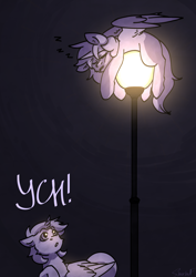 Size: 2480x3508 | Tagged: safe, artist:sinrinf, imported from derpibooru, oc, pony, commission, lantern, sleeping, streetlight, wings, your character here