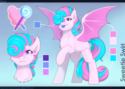 Size: 3035x2150 | Tagged: safe, artist:sinrinf, imported from derpibooru, oc, oc:sweetie swirl, pony, bat wings, commission, reference sheet, solo, wings, ych result