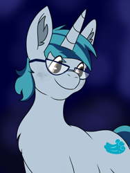 Size: 768x1024 | Tagged: safe, artist:yaboygene, imported from derpibooru, oc, oc only, oc:luciferin, unicorn, bust, glasses, simple background, solo