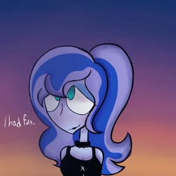 Size: 1600x1600 | Tagged: safe, artist:alandisc, imported from derpibooru, princess luna, human, equestria girls, after date, alternate hairstyle, blushing, breasts, bust, eyelashes, gradient background, makeup, offscreen character, ponytail, pov, solo, sunset, text