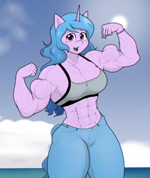 Size: 1892x2243 | Tagged: safe, artist:matchstickman, imported from derpibooru, izzy moonbow, anthro, unicorn, abs, armpits, biceps, breasts, busty izzy moonbow, clothes, deltoids, denim, female, flexing, g5, izzy moonbuff, jeans, looking at you, muscles, muscular female, pants, pecs, solo, thighs, thunder thighs