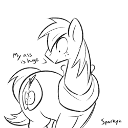 Size: 1000x1000 | Tagged: safe, artist:sparkyz, imported from derpibooru, big macintosh, earth pony, big backintosh, black and white, butt, grayscale, large butt, male, monochrome, plot, signature, simple background, solo, text, white background