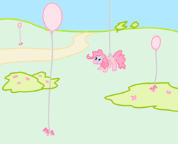 Size: 1106x897 | Tagged: safe, artist:purblehoers, imported from derpibooru, pinkie pie, earth pony, balloon, floating, ms paint, then watch her balloons lift her up to the sky