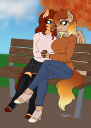 Size: 3000x4200 | Tagged: safe, artist:tertonda, imported from derpibooru, oc, oc only, oc:firelight, oc:honeypot meadow, anthro, earth pony, pegasus, unguligrade anthro, anthro oc, autumn, bench, blaze (coat marking), clothes, coat markings, commission, couple, digital art, duo, earth pony oc, eyes closed, facial markings, female, freckles, gradient mane, happy, high heels, holding hands, hoof shoes, jewelry, lesbian, lesbian couple, looking at each other, looking at someone, mare, married, married couple, oc x oc, pants, pegasus oc, ring, shipping, shoes, smiling, sweater, tree, wedding ring