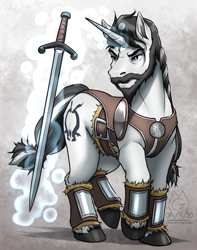 Size: 1536x1949 | Tagged: safe, artist:mykegreywolf, imported from derpibooru, oc, oc only, oc:ironclad, pony, unicorn, beard, eyebrows, eyebrows visible through hair, facial hair, glowing, glowing horn, horn, magic, magic aura, male, solo, stallion, sword, telekinesis, unicorn oc, weapon