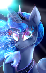 Size: 958x1528 | Tagged: safe, artist:losdibujosdere, imported from derpibooru, princess luna, alicorn, pony, black background, blue eyes, blue mane, crepuscular rays, crown, digital art, ethereal mane, eyelashes, female, flowing mane, glowing, hoof shoes, horn, jewelry, looking at you, mare, moon, moonlight, night, peytral, raised hoof, regalia, simple background, solo, starry mane, wings