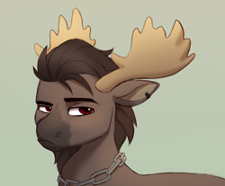 Size: 2416x2000 | Tagged: safe, artist:luminousdazzle, imported from derpibooru, oc, oc only, oc:maroon, moose, antlers, beard, chains, colored sketch, doodle, ear piercing, facial hair, frown, grumpy, high res, male, moose oc, piercing, simple background, solo