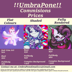 Size: 3000x3000 | Tagged: safe, artist:umbrapone, imported from derpibooru, rarity, zipp storm, oc, oc:night shine, bat pony, pegasus, pony, unicorn, abstract background, advertisement, bat ears, bat wings, bust, commission info, g5, glowing, glowing eyes, horn, piercing, text, wings