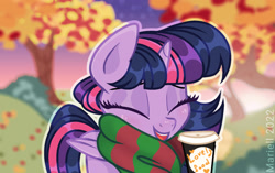 Size: 1899x1192 | Tagged: safe, artist:twilightbaby2020, imported from derpibooru, twilight sparkle, alicorn, pony, autumn, clothes, coffee cup, cup, cute, eyes closed, female, mare, open mouth, open smile, scarf, smiling, solo, striped scarf, twiabetes, twilight sparkle (alicorn)