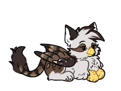 Size: 1204x902 | Tagged: safe, artist:kiiitssss, imported from derpibooru, oc, oc only, oc:ospreay, griffon, chest fluff, chibi, commission, cute, daaaaaaaaaaaw, griffon oc, lying down, ponyloaf, prone, simple background, smiling, solo, white background