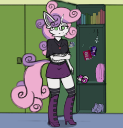 Size: 4084x4265 | Tagged: safe, artist:toxinagraphica, imported from derpibooru, opalescence, rarity, sweetie belle, anthro, cat, unguligrade anthro, unicorn, :3, backpack, bell, book, boots, breasts, canterlot high, cheek fluff, clothes, colored sketch, dishevelled, ear fluff, female, fluffy, grid, headphones, heart, high res, jewelry, lockers, looking at you, mare, necklace, poncho, pullover, school, shoes, sketch, skirt, smiling, socks, solo, stockings, thigh highs, underboob