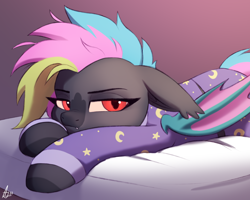 Size: 2000x1600 | Tagged: safe, artist:luminousdazzle, imported from derpibooru, oc, oc only, oc:black opal, bat pony, pony, bat pony oc, bed, clothes, colored sketch, ear fluff, fangs, female, frown, grumpy, mare, pajamas, simple background, sleepy, slit pupils, solo