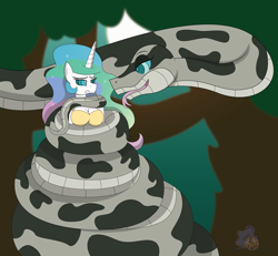 Size: 4550x4200 | Tagged: safe, artist:lunahazacookie, imported from derpibooru, princess celestia, anthro, snake, coils, female, forest, hypno eyes, hypnosis, hypnotized, kaa eyes, outdoors