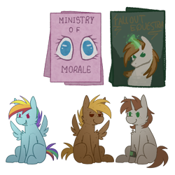 Size: 800x800 | Tagged: safe, artist:molars, imported from derpibooru, pinkie pie, rainbow dash, oc, oc:calamity, oc:littlepip, pegasus, pony, unicorn, fallout equestria, calamity, cheek fluff, chest fluff, chibi, commission, female, glowing, glowing horn, horn, magic, male, mare, ministry of morale, pinkie pie is watching you, pipbuck, plushie, poster, propaganda poster, simple background, sitting, spread wings, stallion, transparent background, wings