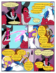 Size: 612x792 | Tagged: safe, artist:newbiespud, edit, edited screencap, imported from derpibooru, screencap, discord, lord tirek, shining armor, centaur, draconequus, taur, comic:friendship is dragons, twilight's kingdom, armor, comic, dialogue, face down ass up, horns, magic drain, magic theft, male, nose piercing, nose ring, piercing, screencap comic, stallion, that centaur sure does love magic