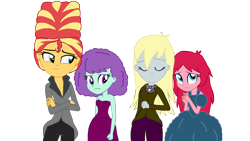 Size: 2000x1125 | Tagged: safe, artist:bigpurplemuppet99, imported from derpibooru, blueberry pie, derpy hooves, raspberry fluff, sunset shimmer, human, equestria girls, alternate hairstyle, beehive hairdo, simple background, the muffins, transparent background, updo