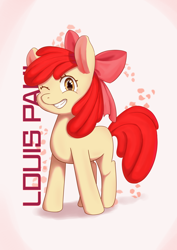 Size: 4092x5787 | Tagged: safe, artist:nc131, imported from derpibooru, apple bloom, earth pony, pony, adorabloom, cute, female, filly, foal, grin, one eye closed, smiling, solo, text, wink