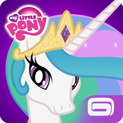 Size: 1024x1024 | Tagged: safe, imported from derpibooru, princess celestia, alicorn, pony, app, app icon, crown, female, gameloft, gameloft logo, icon, jewelry, looking at you, mare, my little pony logo, regalia, solo