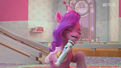 Size: 3300x1850 | Tagged: safe, imported from derpibooru, screencap, pipp petals, pegasus, pony, spoiler:my little pony: make your mark, spoiler:my little pony: make your mark chapter 2, spoiler:myms01e01, eyes closed, g5, hat, izzy does it, microphone, my little pony: make your mark, my little pony: make your mark chapter 2, open mouth, party hat, solo