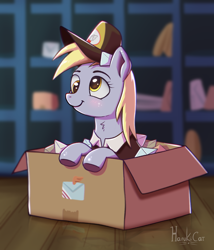 Size: 1800x2100 | Tagged: safe, artist:harukiicat, imported from derpibooru, derpy hooves, pegasus, pony, box, clothes, cute, female, hat, mail, mailmare, pony in a box, post office, shading, smiling, solo