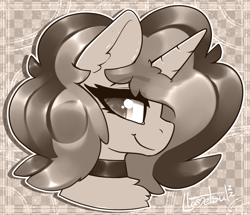 Size: 1026x882 | Tagged: safe, artist:llametsul, imported from derpibooru, oc, oc only, oc:creme cookie, pony, unicorn, bust, chest fluff, choker, eyebrows visible through hair, female, horn, looking at you, mare, monochrome, portrait, signature, smiling, smiling at you, solo