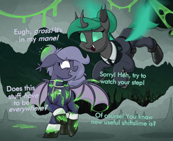 Size: 2944x2389 | Tagged: safe, artist:moonatik, imported from derpibooru, oc, oc only, oc:selenite, unnamed oc, bat pony, changeling, pony, alternate timeline, bat pony oc, boots, changeling hive, changeling oc, changeling slime, city, cityscape, clothes, covered, dialogue, disgusted, fangs, female, flying, green changeling, grossed out, hair bun, mare, messy mane, military pony, military uniform, necktie, new lunar millennium, nightmare takeover timeline, raised hoof, shirt, shoes, spread wings, tail, tail bun, uniform, walking, wings