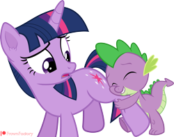 Size: 3011x2388 | Tagged: safe, artist:frownfactory, imported from derpibooru, spike, twilight sparkle, dragon, pony, unicorn, spike at your service, ear fluff, eyes closed, female, horn, hug, male, mare, simple background, transparent background, unicorn twilight, vector