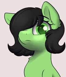 Size: 1888x2200 | Tagged: safe, artist:dumbwoofer, imported from derpibooru, oc, oc only, oc:filly anon, earth pony, pony, bust, chest fluff, ear fluff, eyebrows, female, filly, foal, hair over one eye, looking at you, looking down, looking down at you, raised eyebrow, simple background, solo