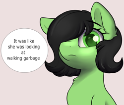 Size: 2600x2200 | Tagged: safe, artist:dumbwoofer, imported from derpibooru, oc, oc only, oc:filly anon, earth pony, pony, bust, chest fluff, ear fluff, eyebrows, female, filly, foal, hair over one eye, looking at you, looking down, looking down at you, raised eyebrow, simple background, solo, text