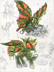 Size: 3000x3983 | Tagged: safe, artist:ja0822ck, imported from derpibooru, bug pony, insect, kaiju, kaiju pony, pony, battra, biollante, godzilla, godzilla (series), mothra, ponified, traditional art