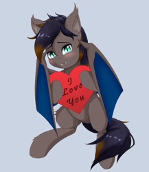 Size: 1775x2048 | Tagged: safe, artist:nihithebrony, imported from derpibooru, oc, oc only, oc:black night, bat pony, bat pony oc, bat wings, ear fluff, fangs, heart, i love you, male, multicolored hair, multicolored mane, slit pupils, solo, wings