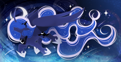 Size: 3500x1800 | Tagged: safe, artist:inspiredpixels, imported from derpibooru, princess luna, alicorn, pony, crescent moon, curved horn, female, flying, horn, lineless, mare, minimalist, moon, solo