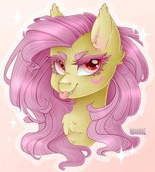 Size: 1920x2136 | Tagged: safe, artist:sk-ree, imported from derpibooru, fluttershy, bat pony, pony, bat ponified, bust, chest fluff, colored eyebrows, colored eyelashes, cutie mark on cheek, ear fluff, ear tufts, fangs, female, flutterbat, looking at you, mare, portrait, race swap, red eyes, solo, tongue out