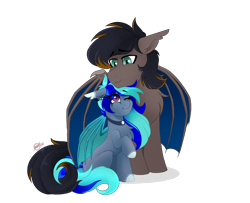 Size: 2452x1994 | Tagged: safe, artist:rand-dums, imported from derpibooru, oc, oc only, oc:black night, oc:moonlight selene, pony, bat wings, collar, colored wings, duo, ear fluff, ear piercing, earring, fangs, floppy ears, hug, jewelry, long mane, long tail, multicolored hair, multicolored mane, multicolored tail, multicolored wings, oc x oc, one eye closed, piercing, raised hoof, shipping, shy, simple background, slit pupils, spread wings, tail, transparent background, winghug, wings