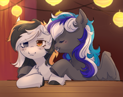 Size: 1171x927 | Tagged: safe, artist:keplera, imported from derpibooru, oc, oc only, oc:flaming dune, oc:storm cloud river's, pegasus, pony, blushing, bust, cute, duo, duo female, eyes closed, female, freckles, heterochromia, hug, lantern, looking at you, mare, multicolored mane, oc x oc, paper lantern, partially open wings, pegasus oc, shipping, sitting, smiling, smug, table, wings