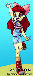 Size: 1485x3367 | Tagged: safe, artist:shadowhawx, imported from derpibooru, apple bloom, human, equestria girls, boots, bow, clothes, cowboy boots, denim, hair bow, jeans, overall shorts, overalls, pants, raised hand, shirt, shoes, short jeans, solo, t-shirt