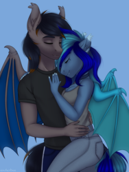 Size: 1620x2160 | Tagged: safe, artist:enderbee, imported from derpibooru, oc, oc only, oc:black night, oc:moonlight selene, anthro, bat pony, anthro oc, bat pony oc, bat wings, bra, bra strap, clothes, collar, cuddling, denim, duo, ear fluff, eyes closed, female, hand on chest, hand on shoulder, hands behind back, holding, jeans, male, multicolored hair, multicolored mane, multicolored tail, oc x oc, pants, shipping, shirt, shorts, straight, t-shirt, tail, tanktop, underwear, wings