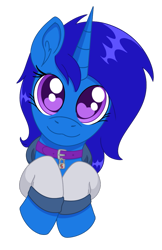 Size: 781x1204 | Tagged: safe, artist:dyonys, imported from derpibooru, oc, oc only, oc:delly, unicorn, clothes, collar, commission, cute, hoodie, looking at you, simple background, smiling, solo, transparent background