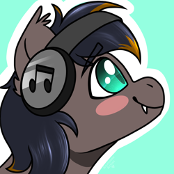 Size: 2048x2048 | Tagged: safe, artist:anxioussartist, imported from derpibooru, oc, oc only, bat pony, bat pony oc, blushing, bust, ear fluff, fangs, green background, headphones, music notes, outline, portrait, simple background, slit pupils, solo, white outline